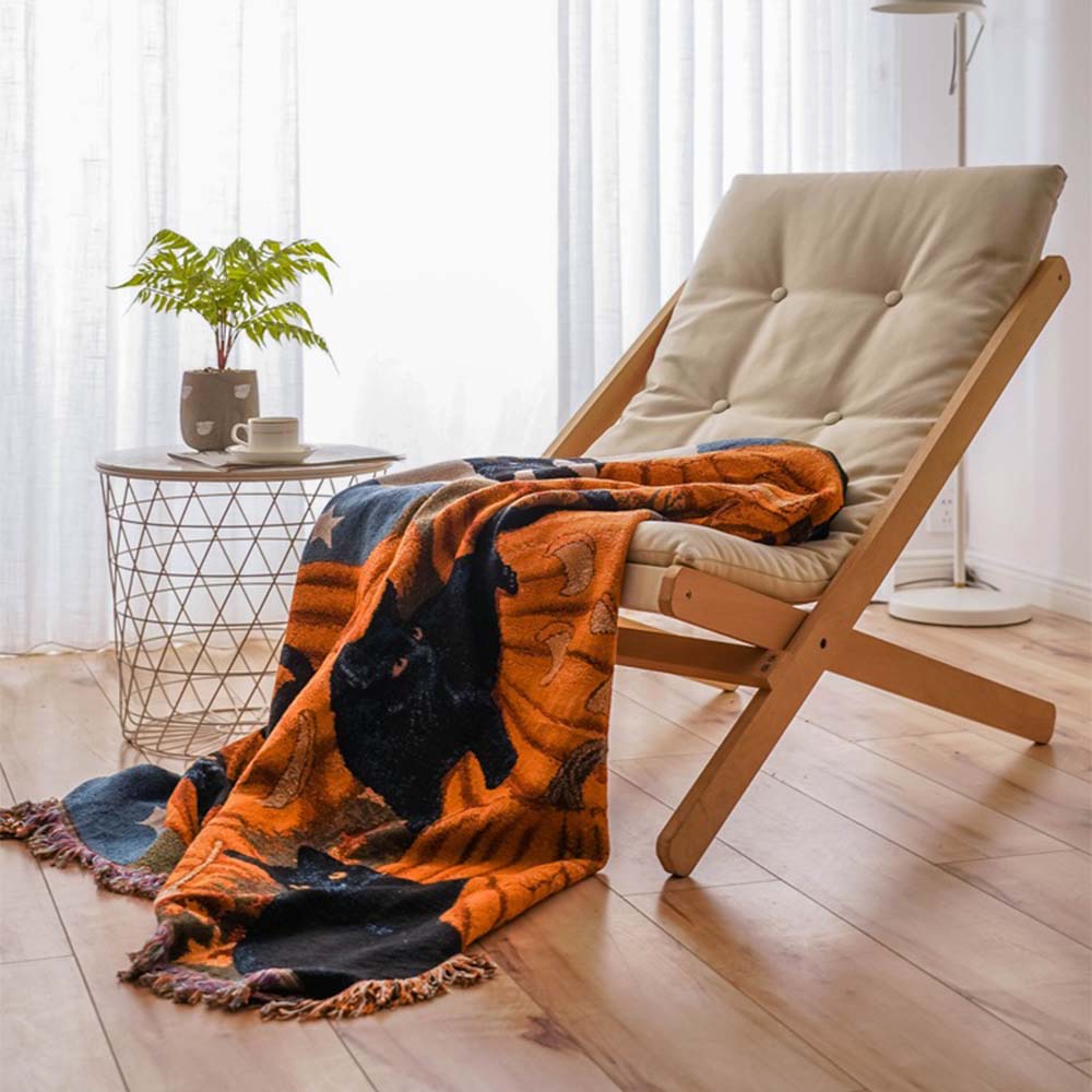 Halloween Fringe Blanket Cotton Throw Pumpkin Black Cat Sofa Picnic Cover