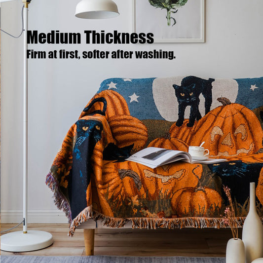 Halloween Fringe Blanket Cotton Throw Pumpkin Black Cat Sofa Picnic Cover