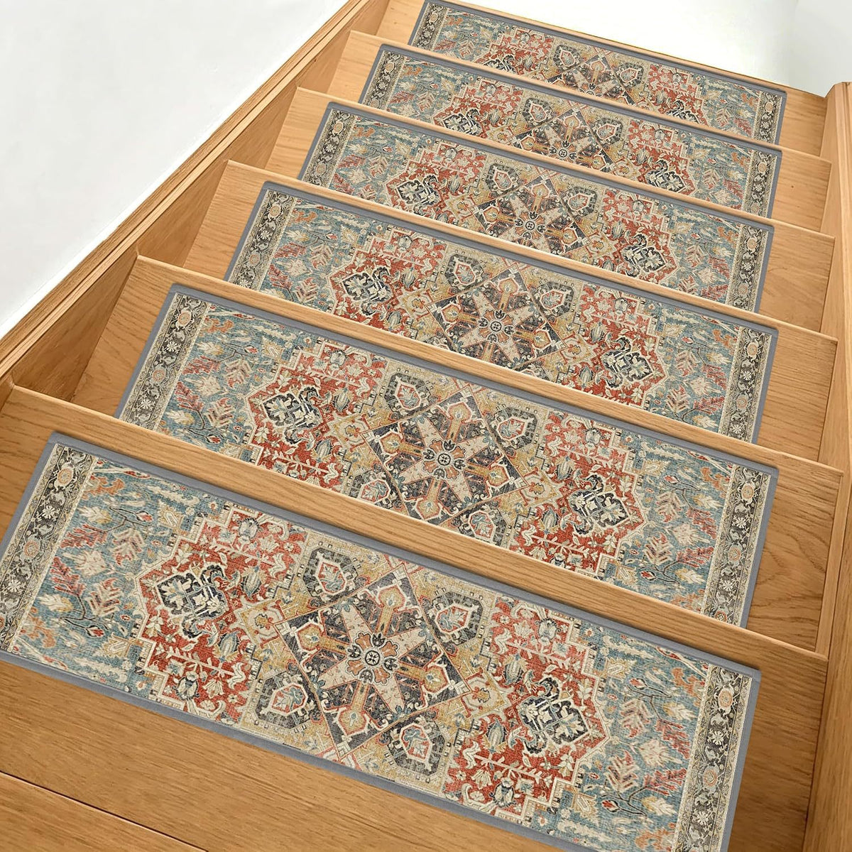 Bohemian Stair Tread Mats Blue & Gray – 29.9 × 7.9 in
