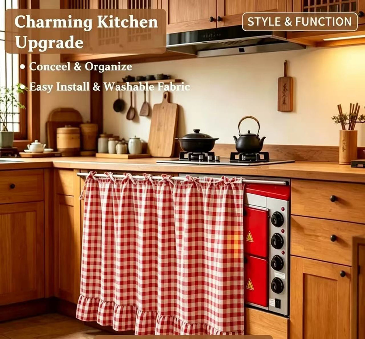 Farmhouse Ruffle-Edge Kitchen Cabinet Curtain
