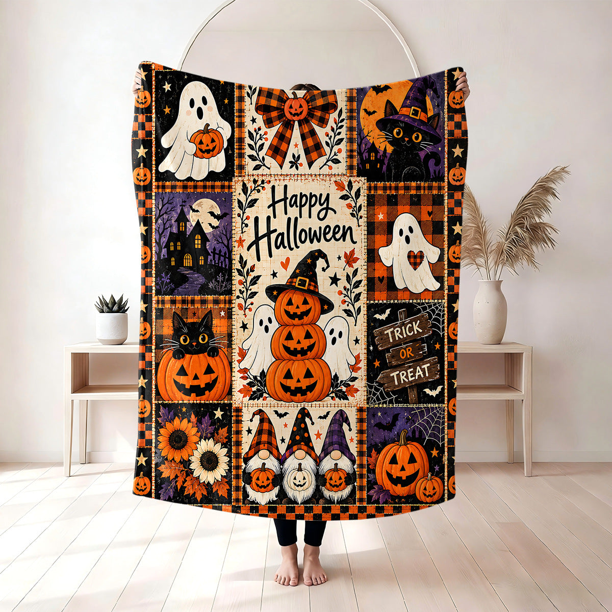 Halloween Pumpkin & Ghost Flannel Throw Blanket