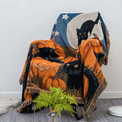 Halloween Fringe Blanket Cotton Throw Pumpkin Black Cat Sofa Picnic Cover