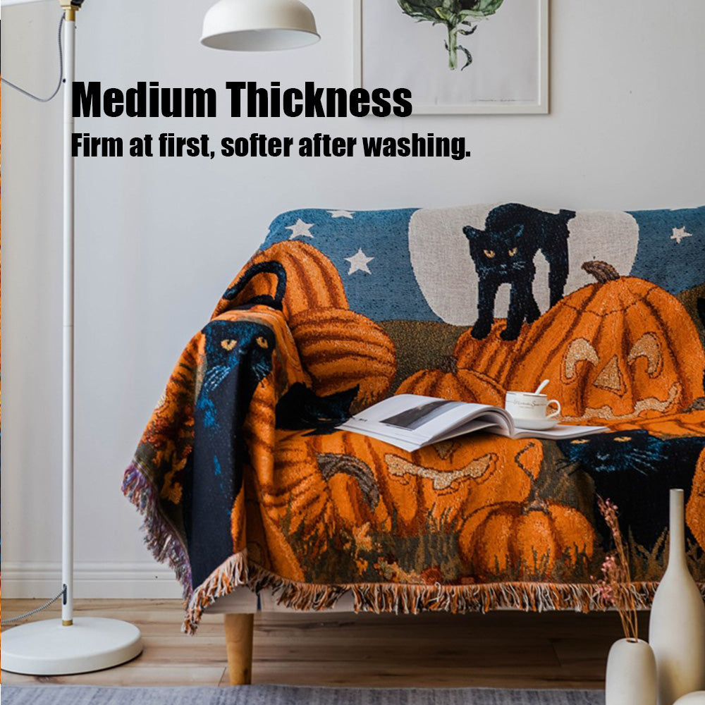Halloween Fringe Blanket Cotton Throw Pumpkin Black Cat Sofa Picnic Cover