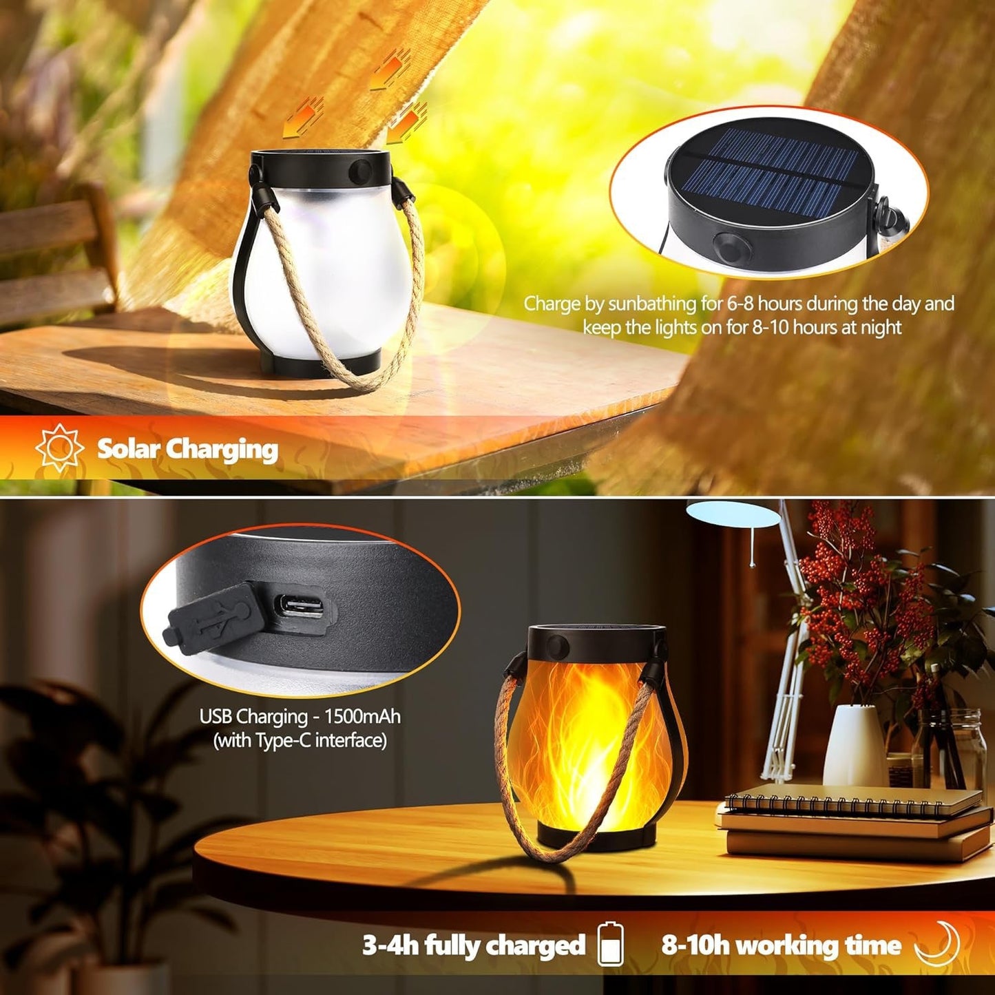 Solar Flame Rope Lantern Mason Jar Garden Decor Outdoor Camping USB Light