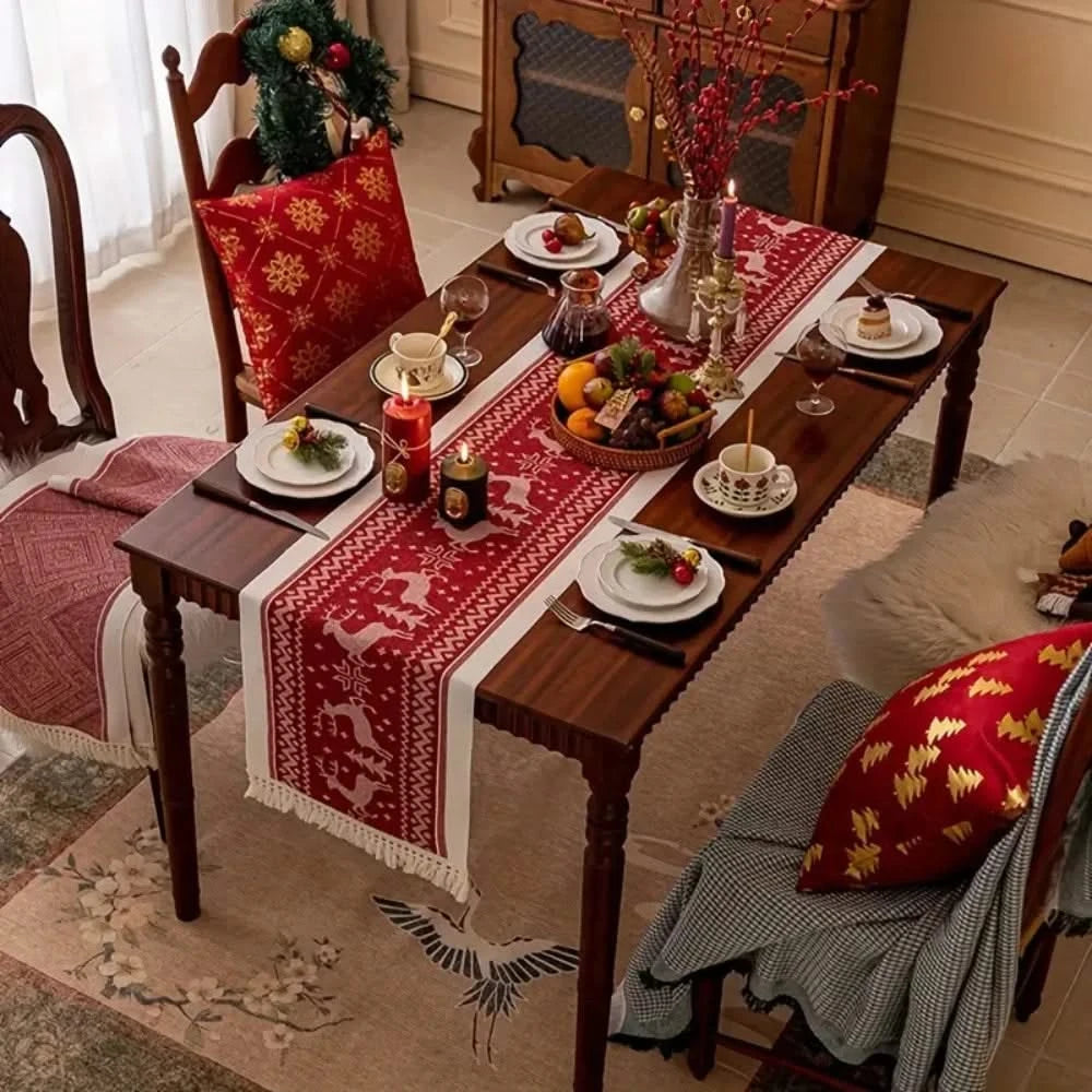 Red Christmas Table Runner & Placemat with Fringe