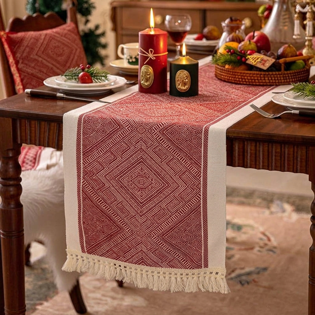 Red Christmas Table Runner & Placemat with Fringe