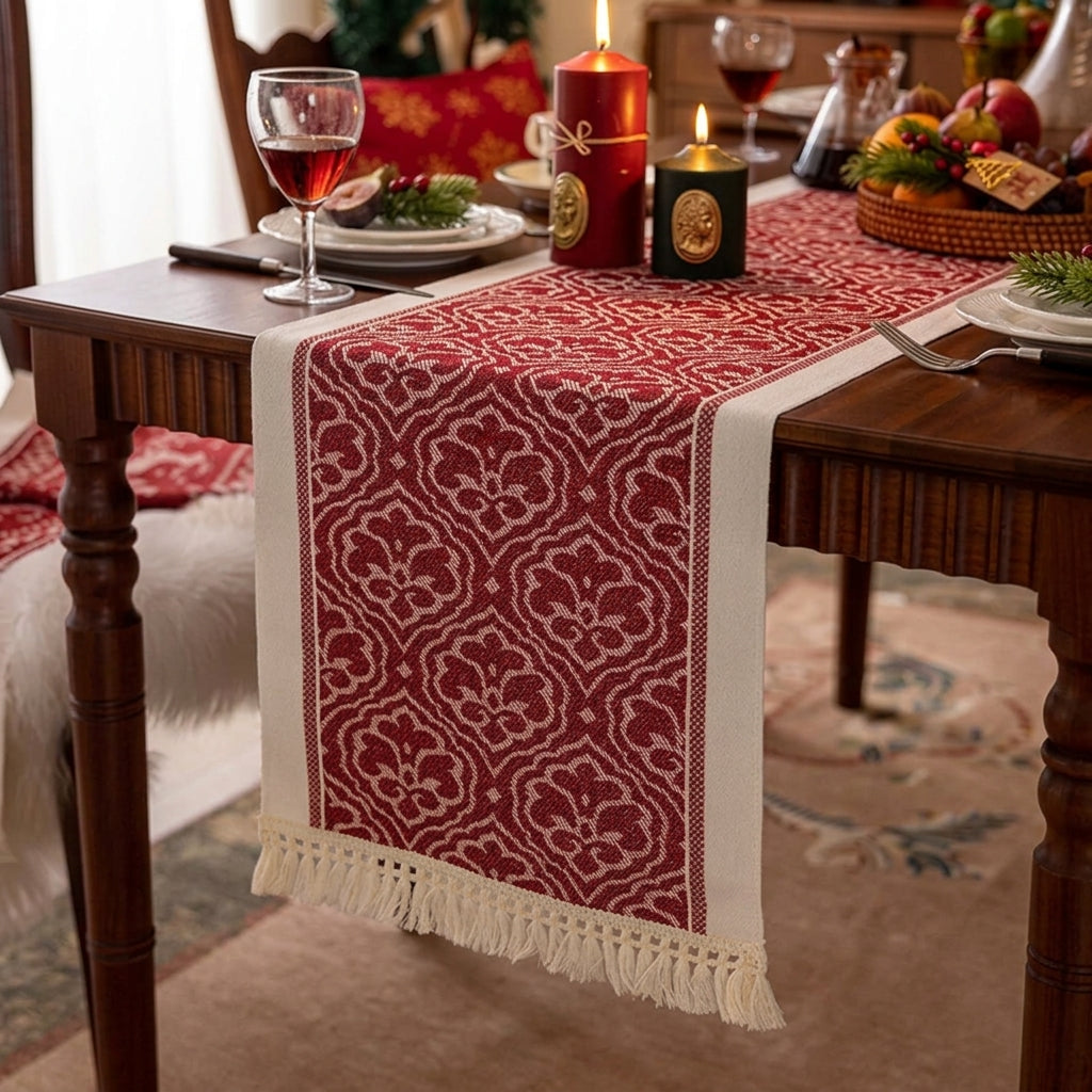 Red Christmas Table Runner & Placemat with Fringe