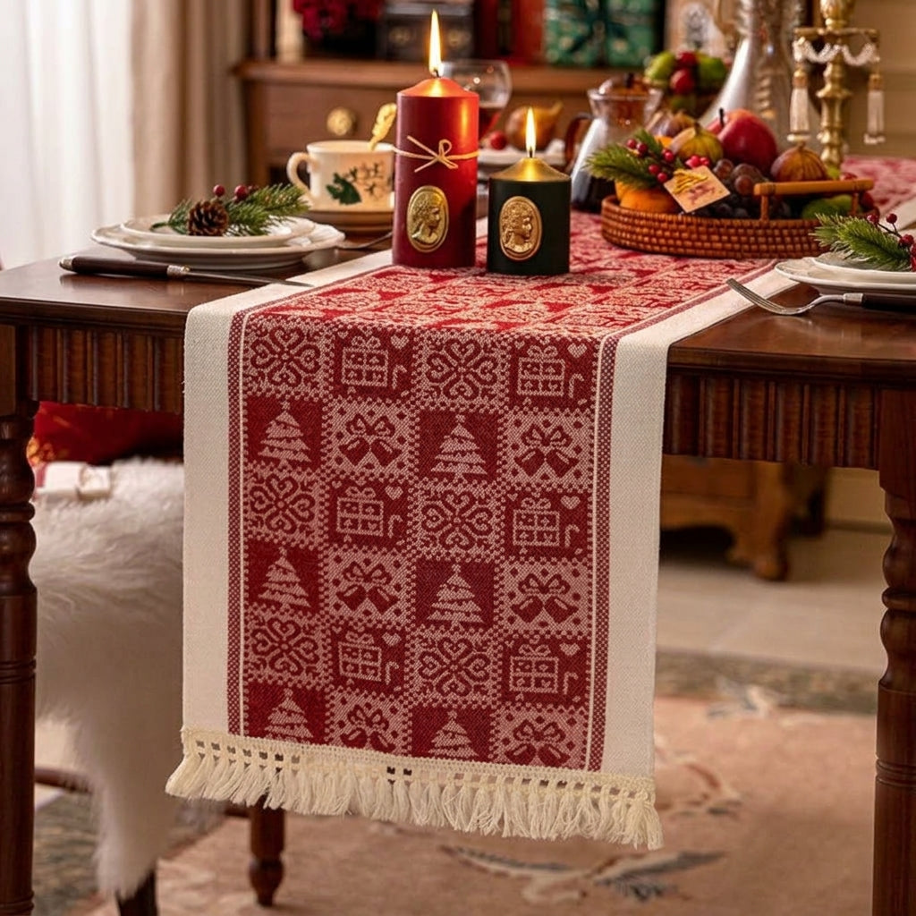 Red Christmas Table Runner & Placemat with Fringe
