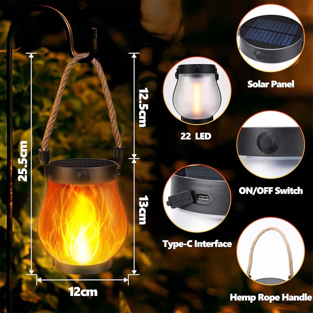 Solar Flame Rope Lantern Mason Jar Garden Decor Outdoor Camping USB Light